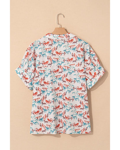 White Horse Galloping Allover Print Split Neck Plus Size Blouse - 2X