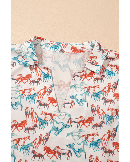 White Horse Galloping Allover Print Split Neck Plus Size Blouse - 2X