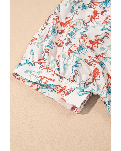 White Horse Galloping Allover Print Split Neck Plus Size Blouse - 2X