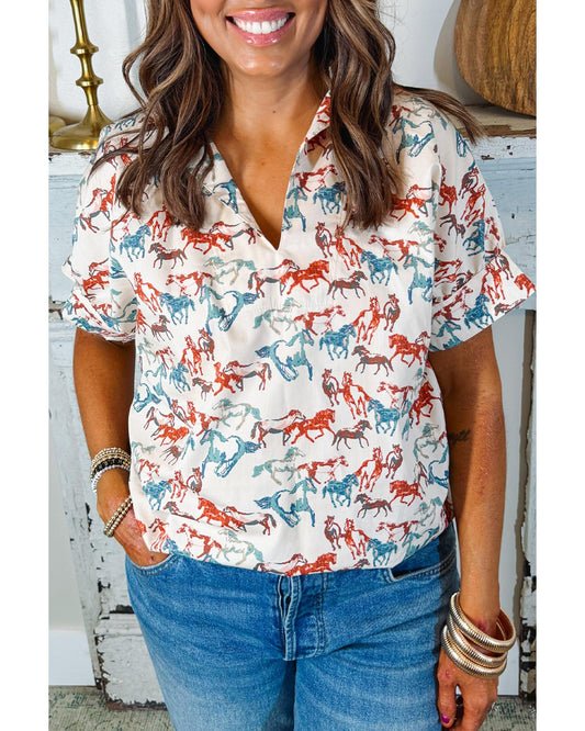 White Horse Galloping Allover Print Split Neck Plus Size Blouse - 3X