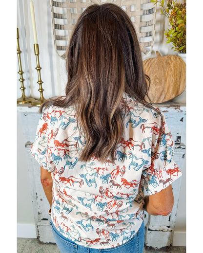 White Horse Galloping Allover Print Split Neck Plus Size Blouse - 4X