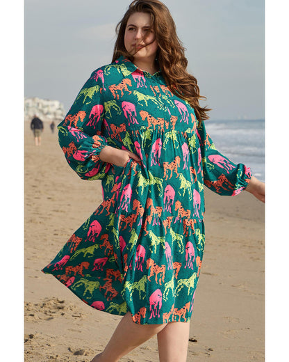 Green Horse Printed Long Sleeve Collared Buttoned Plus Size Midi Dress - 1X
