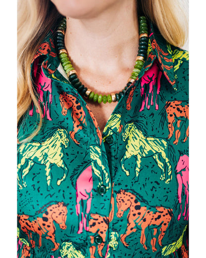 Green Horse Printed Long Sleeve Collared Buttoned Plus Size Midi Dress - 2X