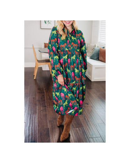 Green Horse Printed Long Sleeve Collared Buttoned Plus Size Midi Dress - 2X