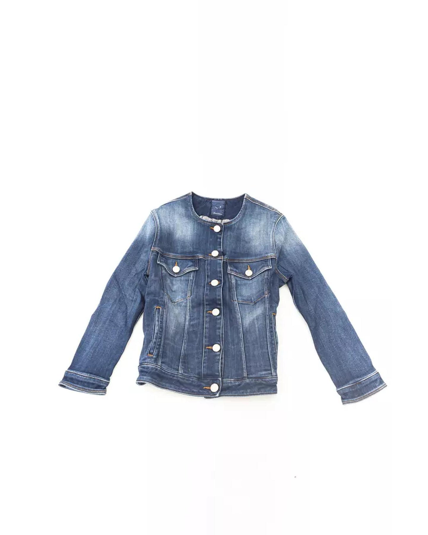 Round Neckline Denim Jacket with Metal Buttons and Contrast Stitching L Women