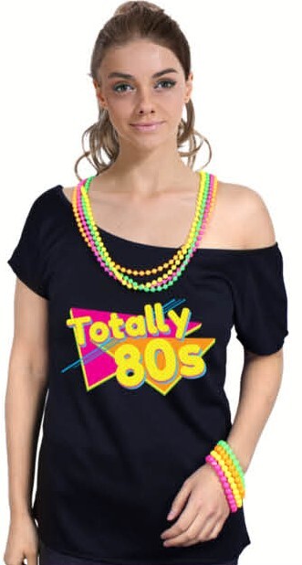 Totally 80s Black Womens T Shirt Costume Ladies 1980s Fancy Dress Up Top