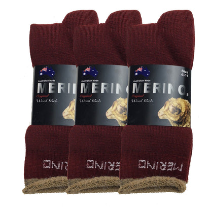 3 Pairs MERINO WOOL SOCKS Mens Heavy Duty Premium Thick Work Socks Cushion - Burgundy - 6-11