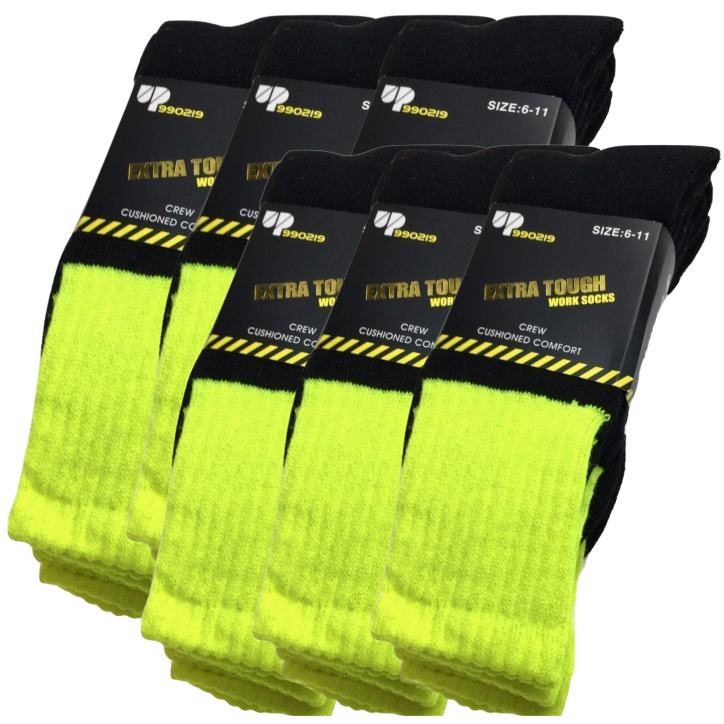 6x Pairs HI VIS SOCKS Workwear Work Safety Tradie High Visibility Fluro - Yellow - 11-14
