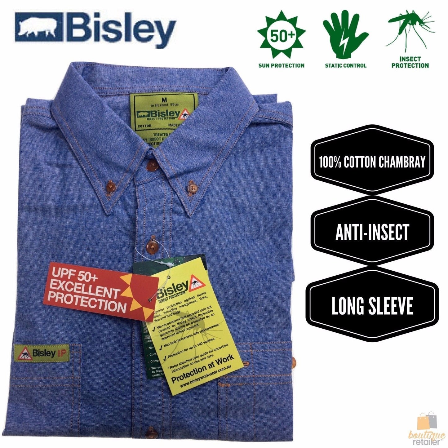 BISLEY Insect Protection Repellent Long Sleeve Casual Shirt Fishing Camping - Blue - S