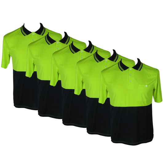 5x HI VIS Polo Shirt Top Tee Safety Workwear Short Sleeve Breathable Mesh BULK - Yellow/Navy - XXL (20)