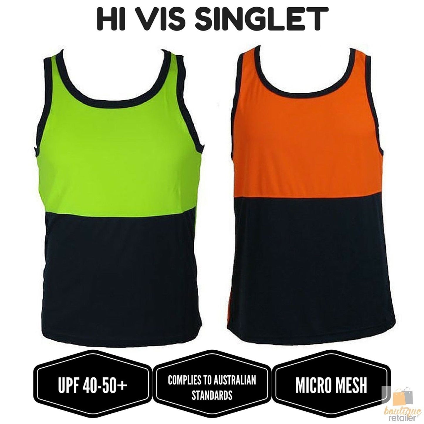 Hi Vis SINGLET Work Wear Safety Tank Top Fluro Micro Mesh UPF50+ High Visibility - Lime - XX-Large