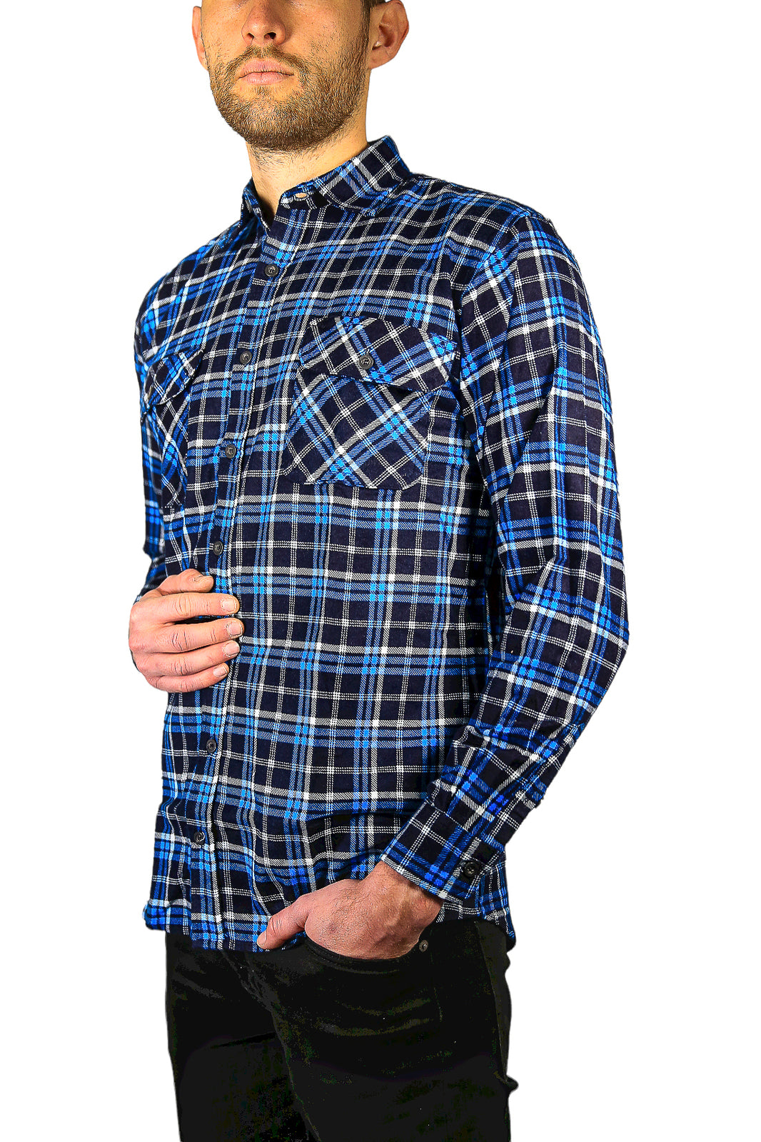 Mens Flannelette Long Sleeve Shirt 100% Cotton Check Authentic Flannel - Full Placket - Turquoise/Black - M