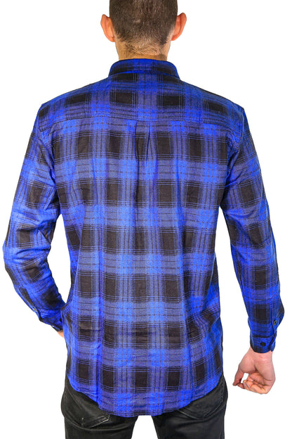 Mens Flannelette Long Sleeve Shirt 100% Cotton Check Authentic Flannel - Full Placket - Royal Blue - 3XL