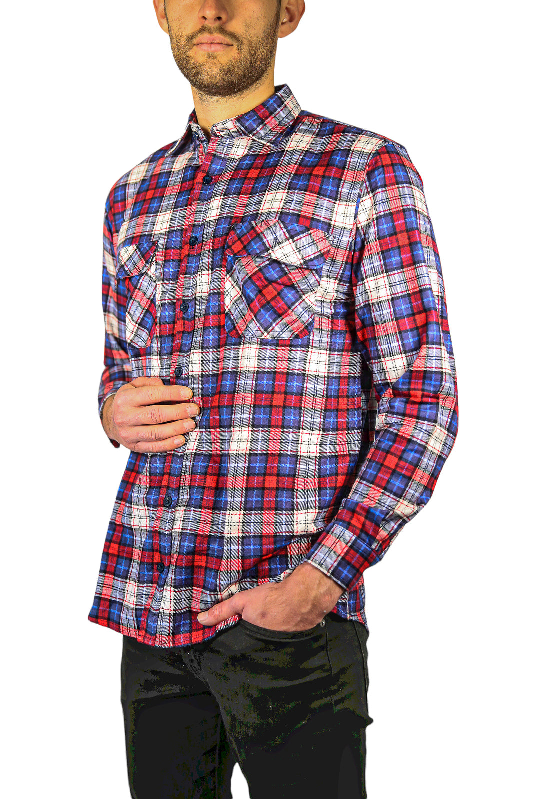 Mens Flannelette Long Sleeve Shirt 100% Cotton Check Authentic Flannel - Full Placket - Navy/Red/White - M