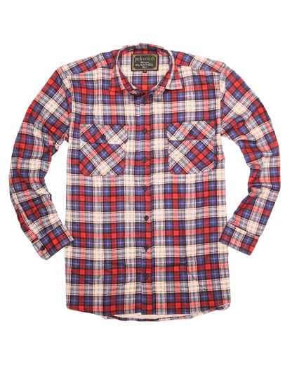 Mens Flannelette Long Sleeve Shirt 100% Cotton Check Authentic Flannel - Full Placket - Navy/Red/White - S