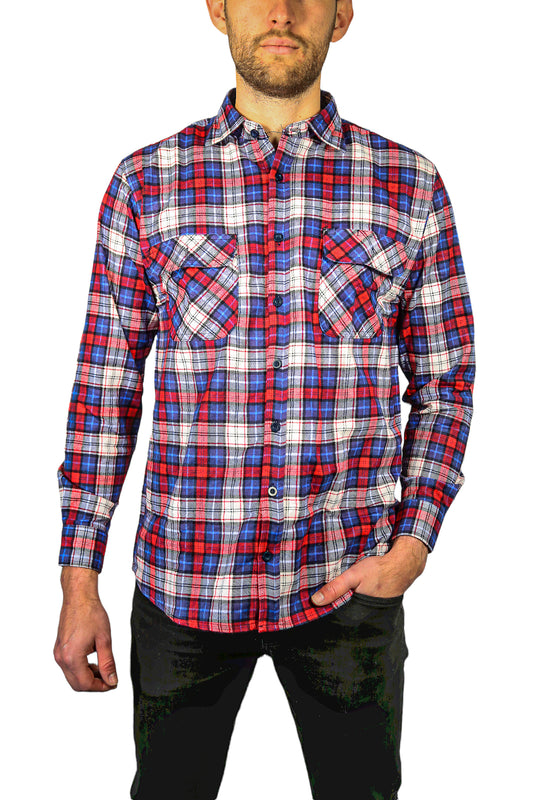 Mens Flannelette Long Sleeve Shirt 100% Cotton Check Authentic Flannel - Full Placket - Navy/Red/White - XL