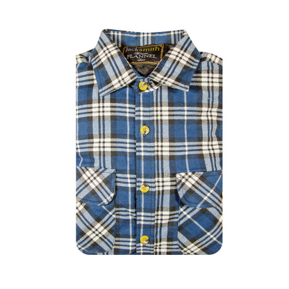 Mens Flannelette Long Sleeve Shirt 100% Cotton Check - Full Placket - Spanish Blue - S