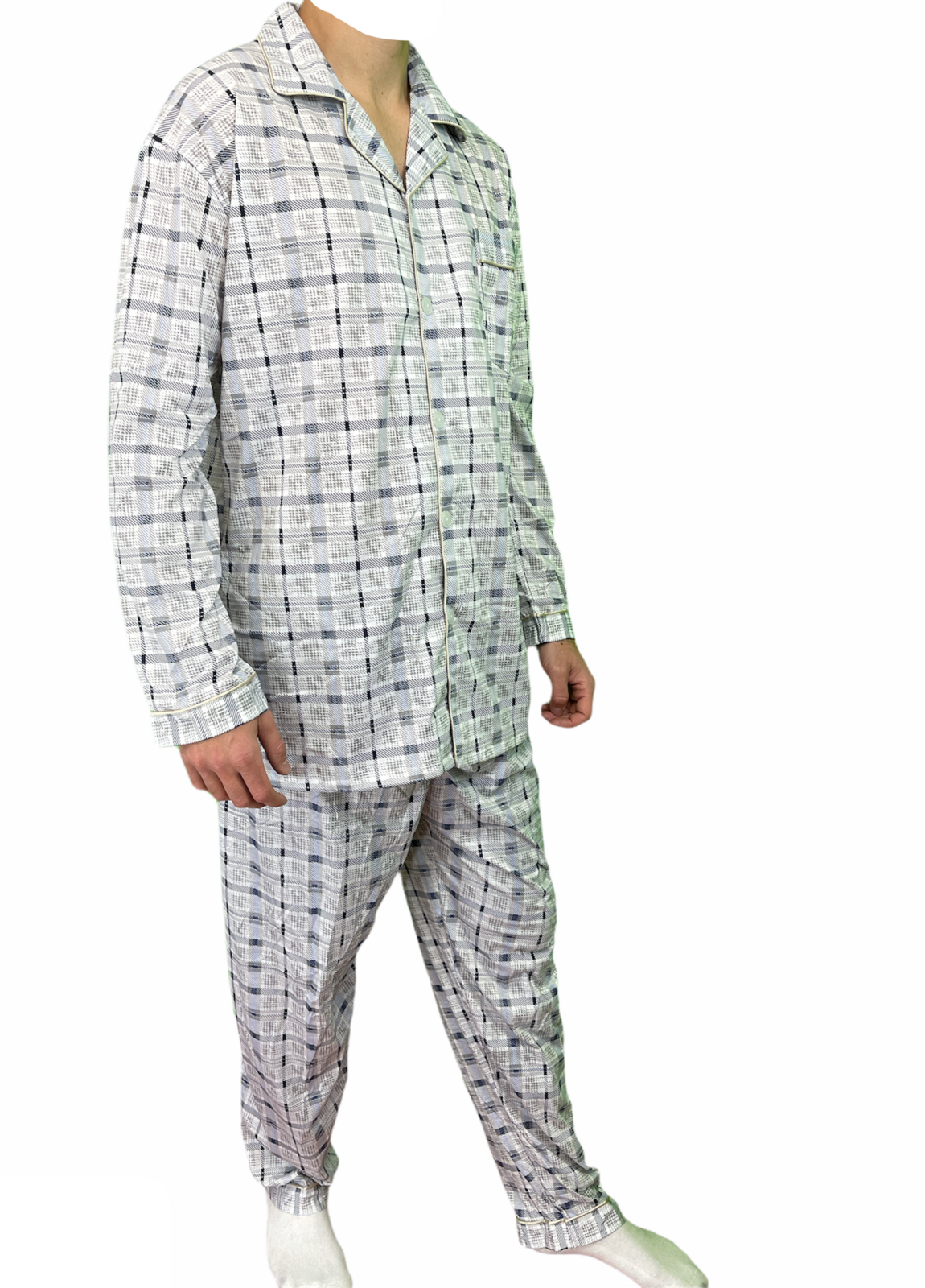 Mens Cotton Pajamas Pyjamas PJs Long Sleeve Shirt Tops + Pants Set Sleepwear - White/Blue - M