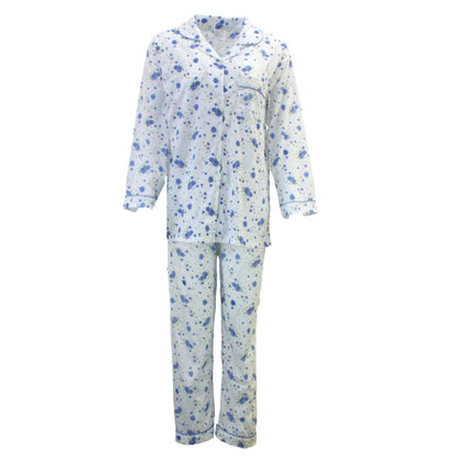 Womens PYJAMAS PJs Set Pajamas Ladies Cotton PJ Womens Long Sleeve Sleepwear - Blue - 16