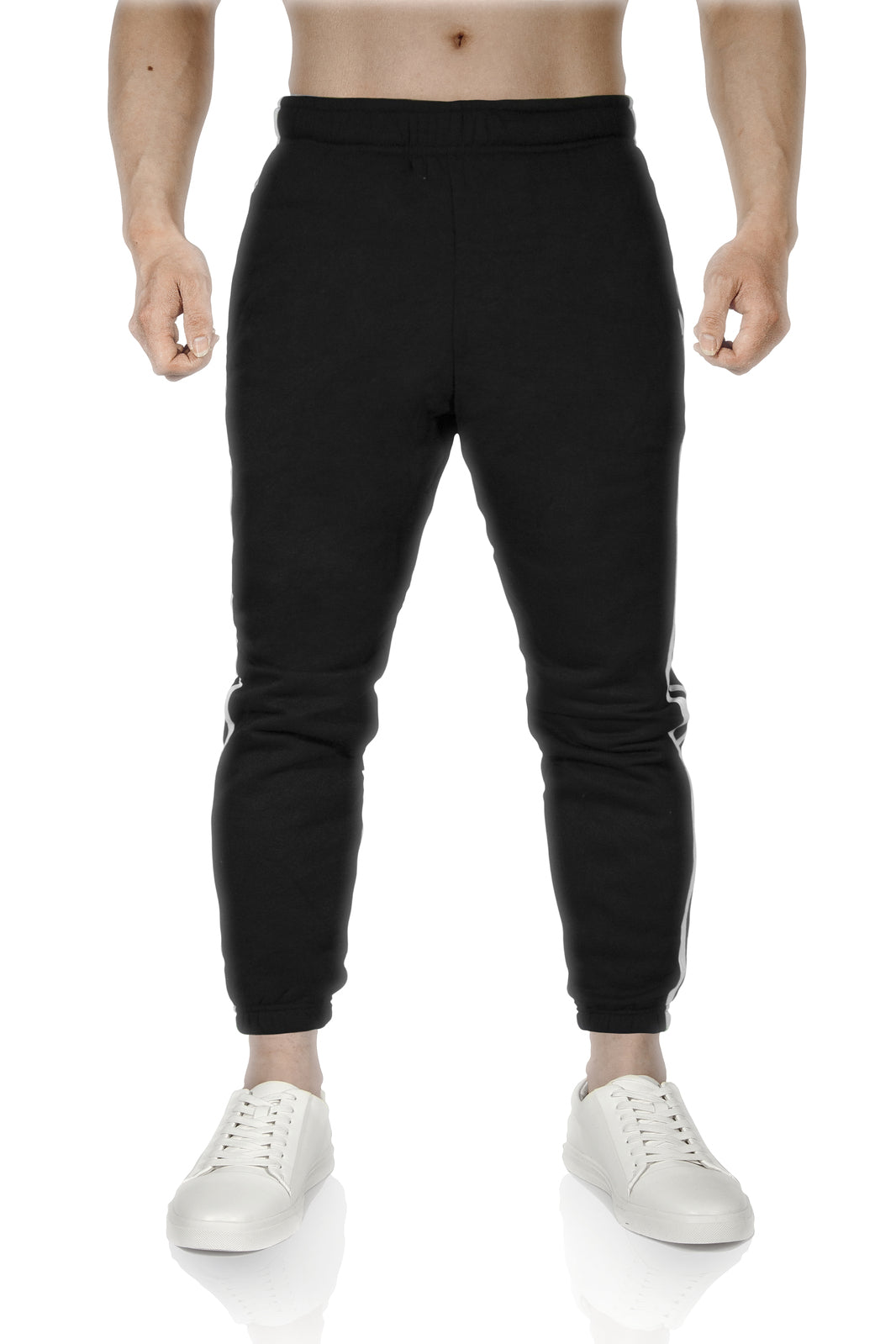 Mens Fleece Skinny Track Pants Jogger Gym Casual Sweat Trackies Warm Trousers - Black/White Stripe - S