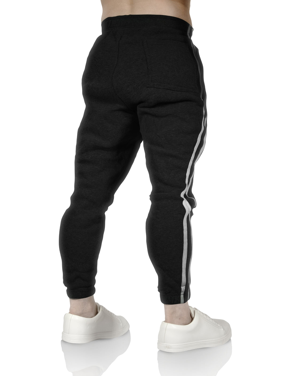 Mens Fleece Skinny Track Pants Jogger Gym Casual Sweat Trackies Warm Trousers - Black/White Stripe - S