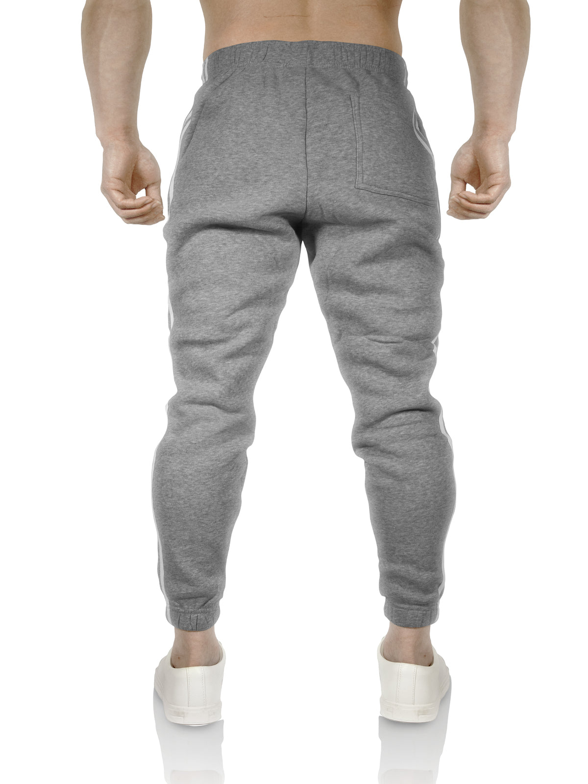 Mens Fleece Skinny Track Pants Jogger Gym Casual Sweat Trackies Warm Trousers - Grey Marle/White Stripe - M