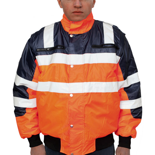 3-in-1 Hi Vis Quilted Safety Bomber Jacket Waterproof Reflective Workwear - Orange/Navy - XL