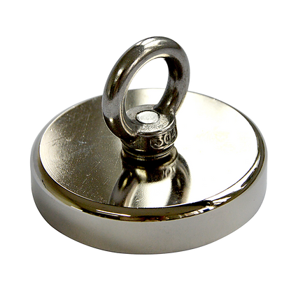 Round Neodymium Fishing Magnet with Countersunk Hole and Eyebolt, 500 LBS pull