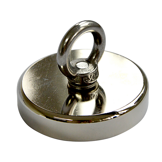 Round Neodymium Fishing Magnet with Countersunk Hole and Eyebolt, 500 LBS pull