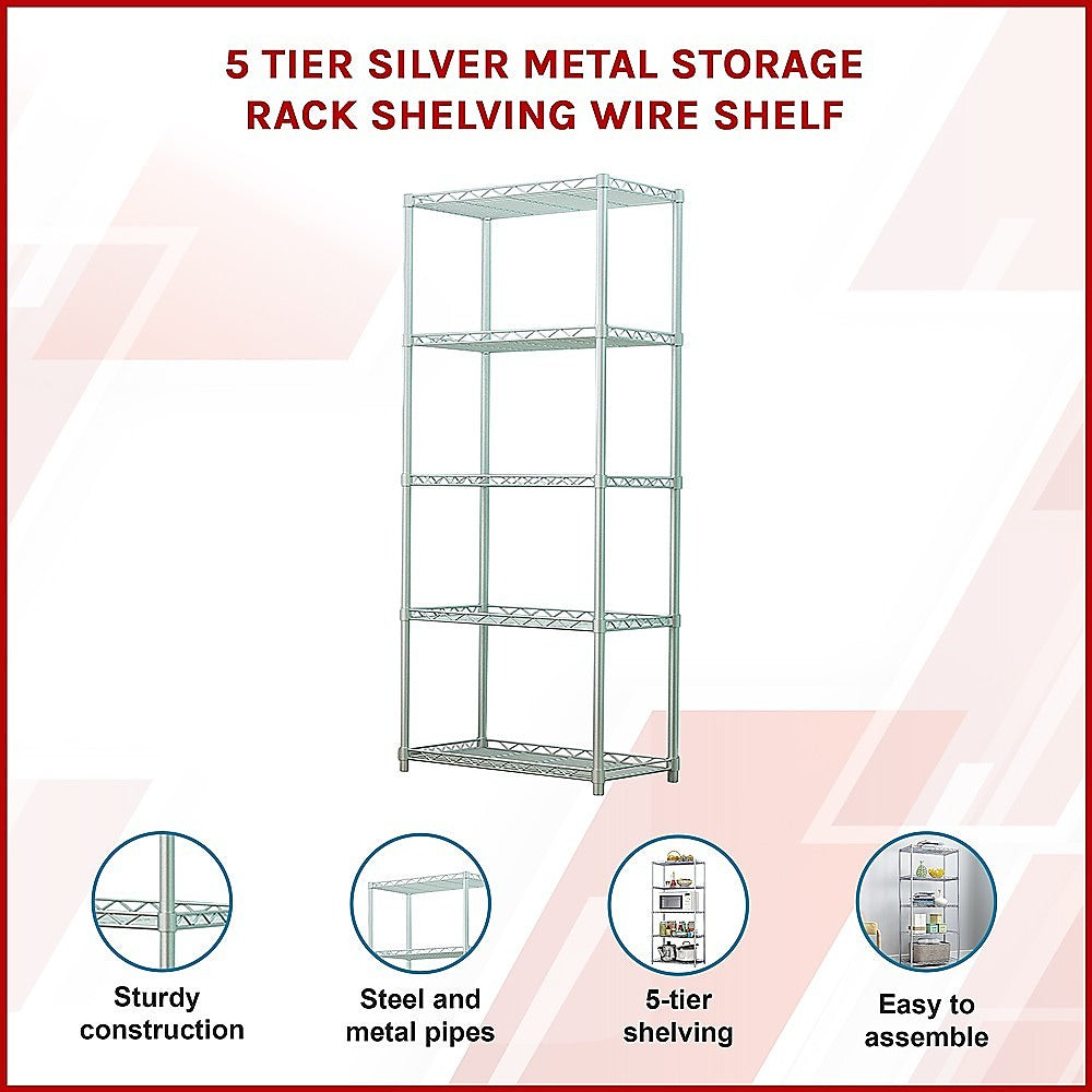 5 Tier Silver Metal Storage Rack Shelving Wire Shelf