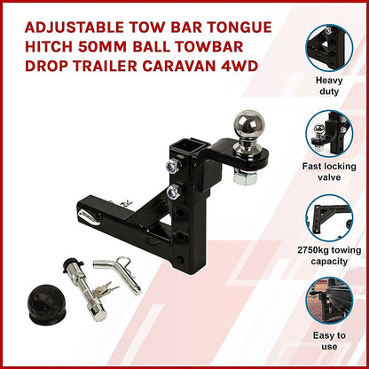 Adjustable Tow Bar Tongue Hitch 50mm Ball Towbar Drop Trailer Caravan 4WD