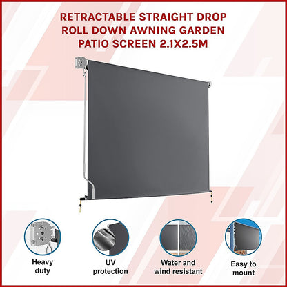 Retractable Straight Drop Roll Down Awning Garden Patio Screen 2.1X2.5M