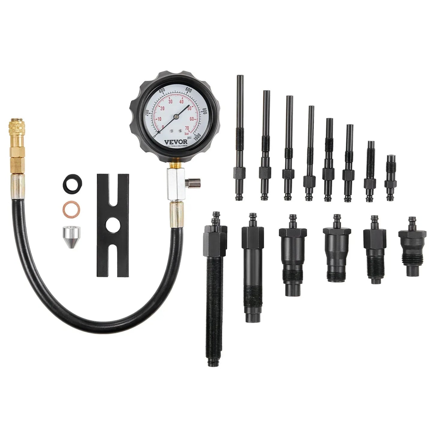 Diesel Engine Compression Tester, 18 pcs Cylinder Pressure Test Tool Kit, with 0-1000 psi Gauge and Adapters, Equipment