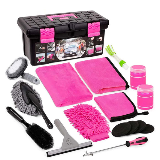 18-Piece Car Cleaning Kit – Pink Auto Detailing Set with Storage Toolbox