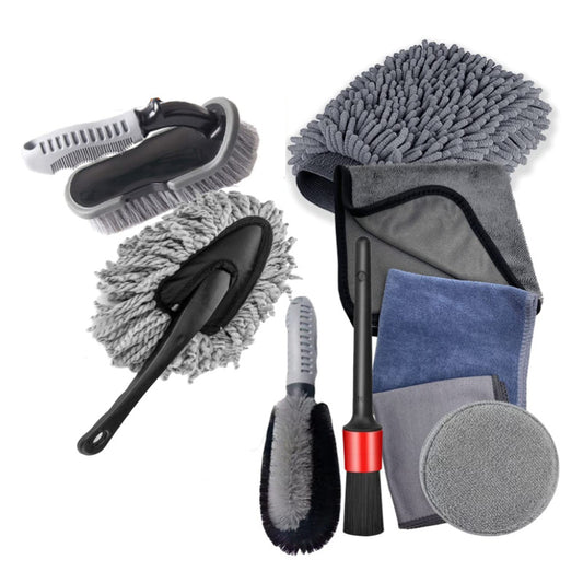 Type A 9-Piece Car Wash Tool Kit - Tire & Wheel Brushes, Wash Mitt, Microfiber Towels, and Wax Sponge Set