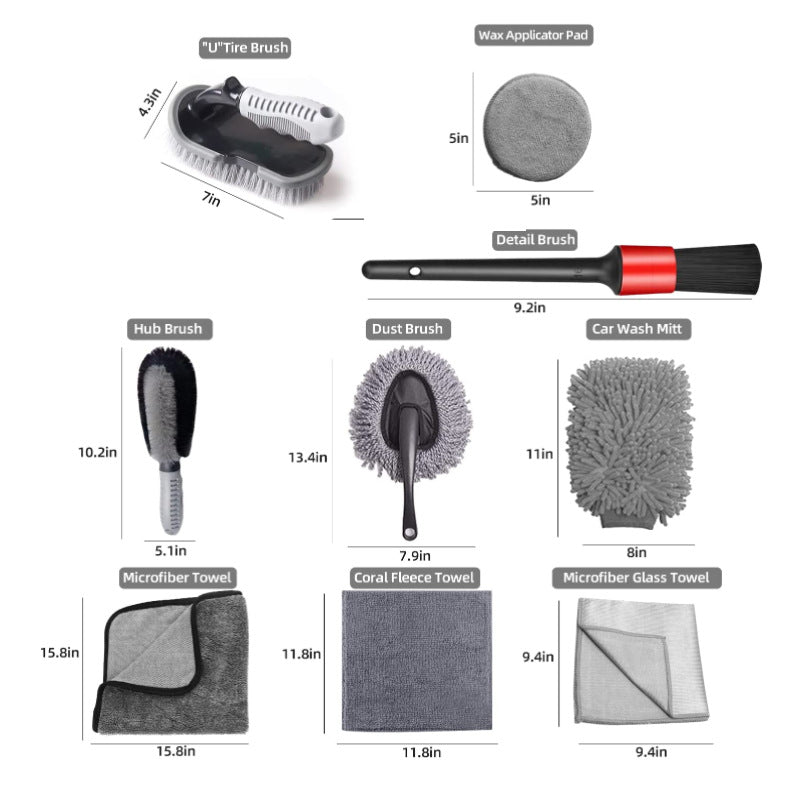 Type B 9-Piece Car Wash Tool Kit - Tire & Wheel Brushes, Wash Mitt, Microfiber Towels, and Wax Sponge Set