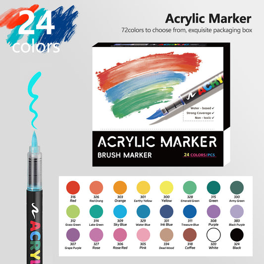 24 Colour Set Vibrant Cyan Acrylic Marker with Soft Brush Tip - 13.8 cm Professional Art Pen kids
