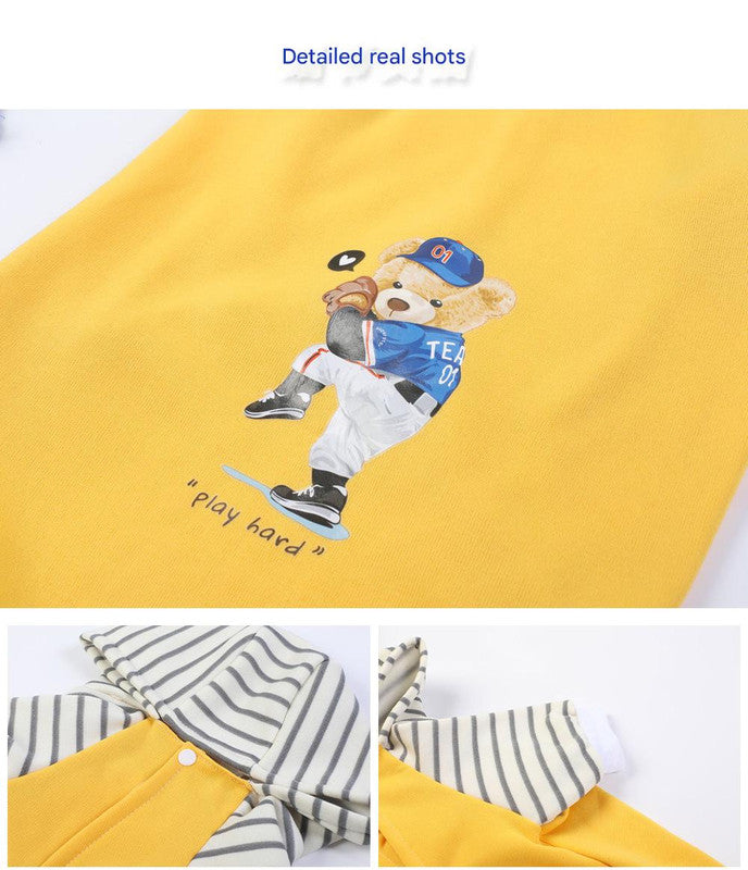 Autumn/Winter Dog Clothes - Yellow Hoodie with Striped Hood & Baseball Bear (Size - S)