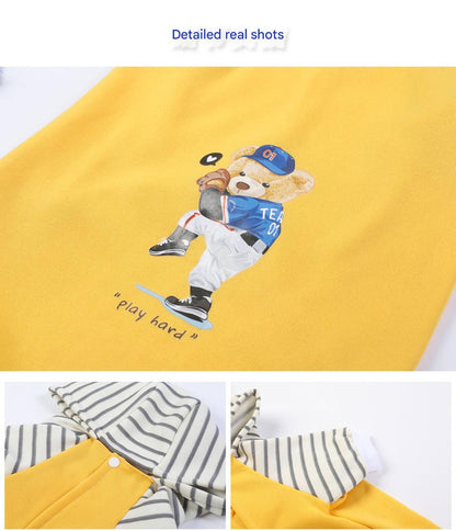 Autumn/Winter Dog Clothes - Yellow Hoodie with Striped Hood & Baseball Bear (Size - S)