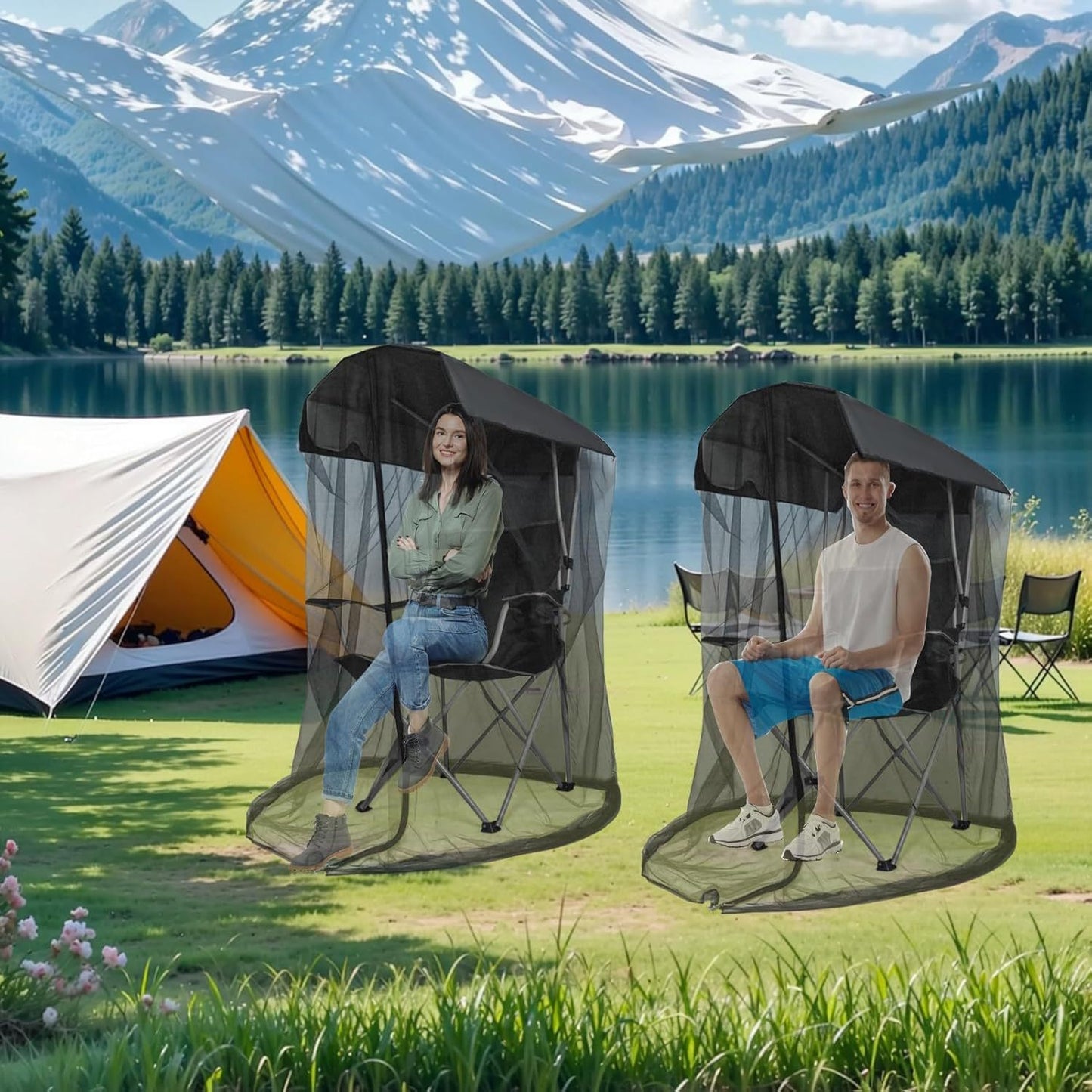 Portable Outdoor Chair Cover with Mosquito Net & Sun Canopy - UV & Water-Resistant Shelter for Camping & Fishing(black 185*125*205CM)(not including stand)