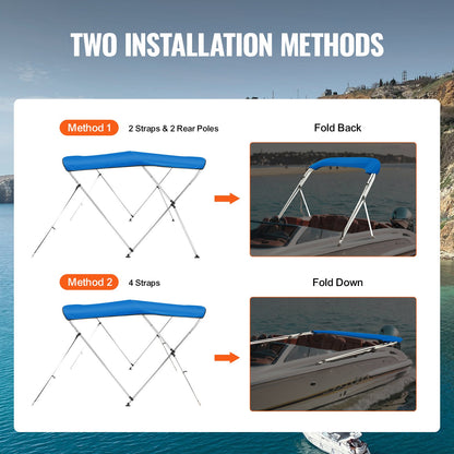 VEVOR 3 Bow Bimini Top Boat Cover, 900D Polyester Canopy with 1" Aluminum Alloy Frame, Waterproof and Sun Shade, Includes Storage Boot, 2 Support Poles, 4 Straps, 6'L x 46"H x 61"-66"W, Pacific Blue