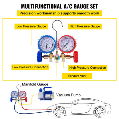 VEVOR Vacuum Pump 4.8CFM 1/3HP Air Vacuum Pump HVAC A/C Air Refrigerant Rotary Vane Vacuum Pump Single Stage 4 Valve AC Manifold Gauge Set (4.8CFM1/3HP)
