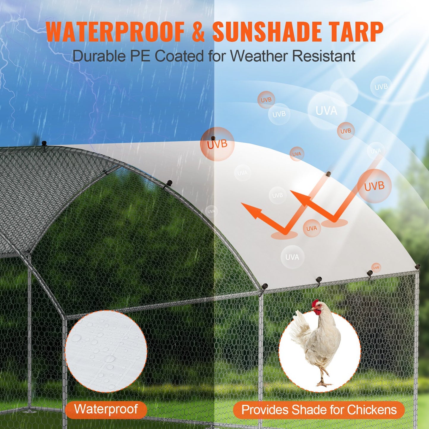 VEVOR Large Metal Chicken Coop, 9.8x12.9x6.5 ft Walk in Chicken Run for Yard with Waterproof Cover, Doom Roof Hen House with Security Lock for Outdoor and Backyard, Farm, Duck Rabbit Cage Poultry Pen