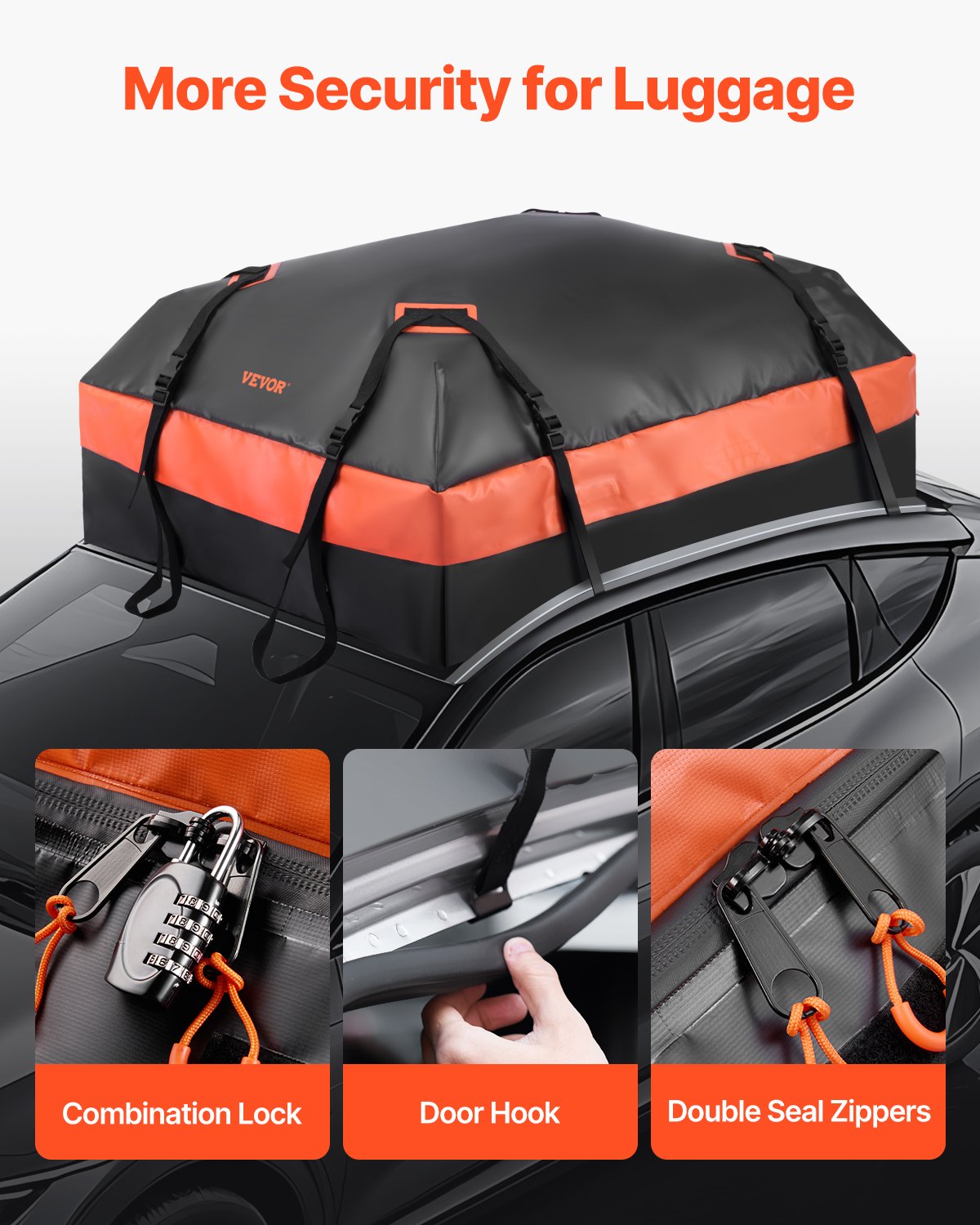 VEVOR Car Rooftop Cargo Carrier Bag, 15 Cubic Feet Car Roof Cargo Carrier, 100% Waterproof Heavy Duty 840D PVC Roof Luggage Bag for All Vehicle with/without Rack- with Lock, Non-Slip Mat, 4 Door Hooks