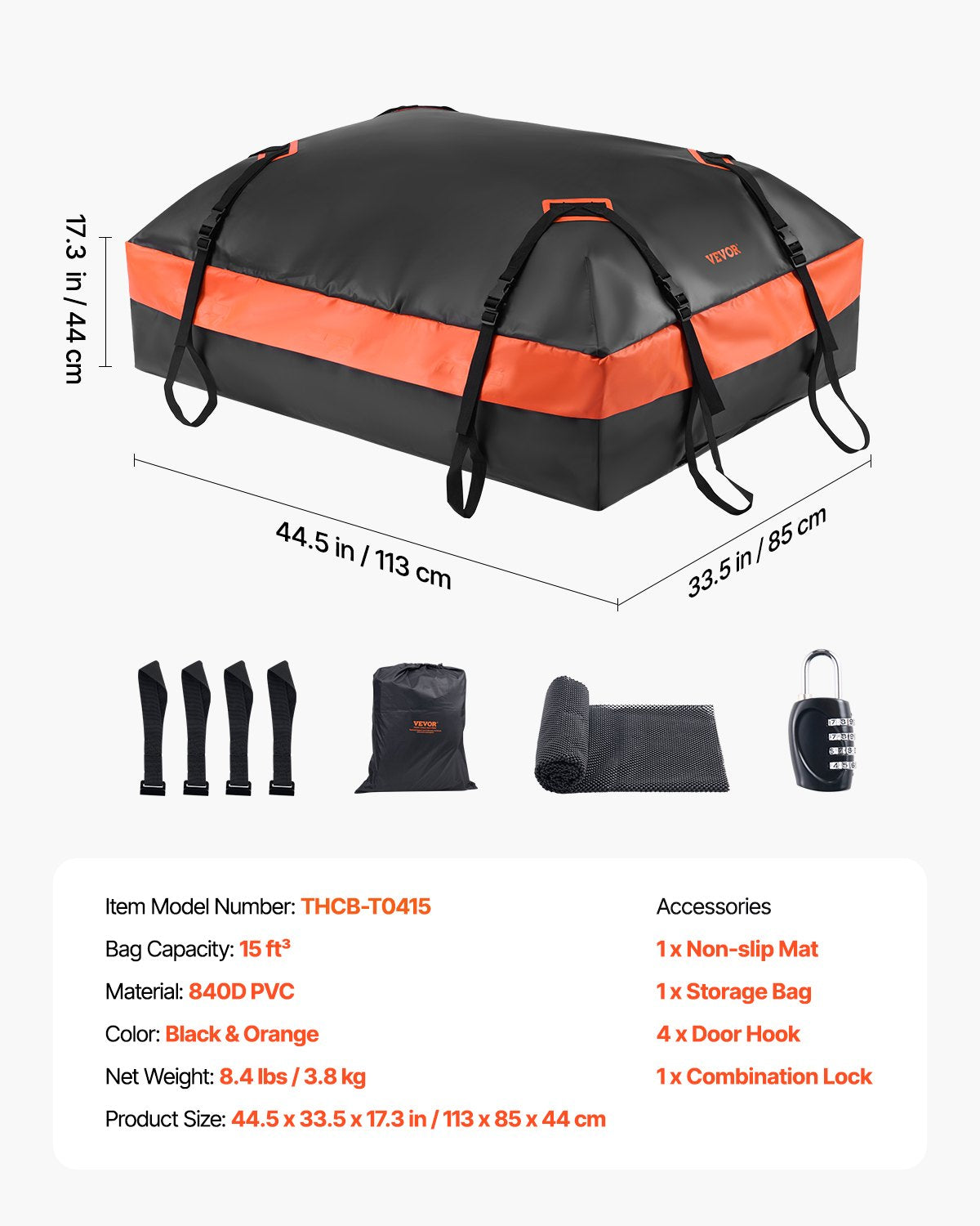 VEVOR Car Rooftop Cargo Carrier Bag, 15 Cubic Feet Car Roof Cargo Carrier, 100% Waterproof Heavy Duty 840D PVC Roof Luggage Bag for All Vehicle with/without Rack- with Lock, Non-Slip Mat, 4 Door Hooks
