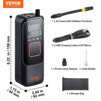 VEVOR Tire Inflator Portable Air Compressor, 150 PSI Electric Air Pump, 4000mAh Rechargeable Tire Pump with Auto-Off Function, LCD Pressure Gauge, 3 Nozzles, LED Light for Car Motorcycle Bike Ball
