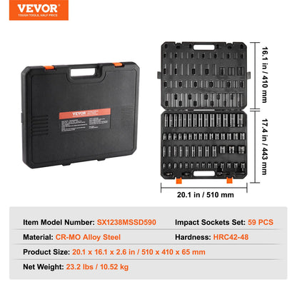 VEVOR Impact Sockets Set 59pcs 6-Point 3/8" & 1/2" Drive Bit Ratchet Tool Kit