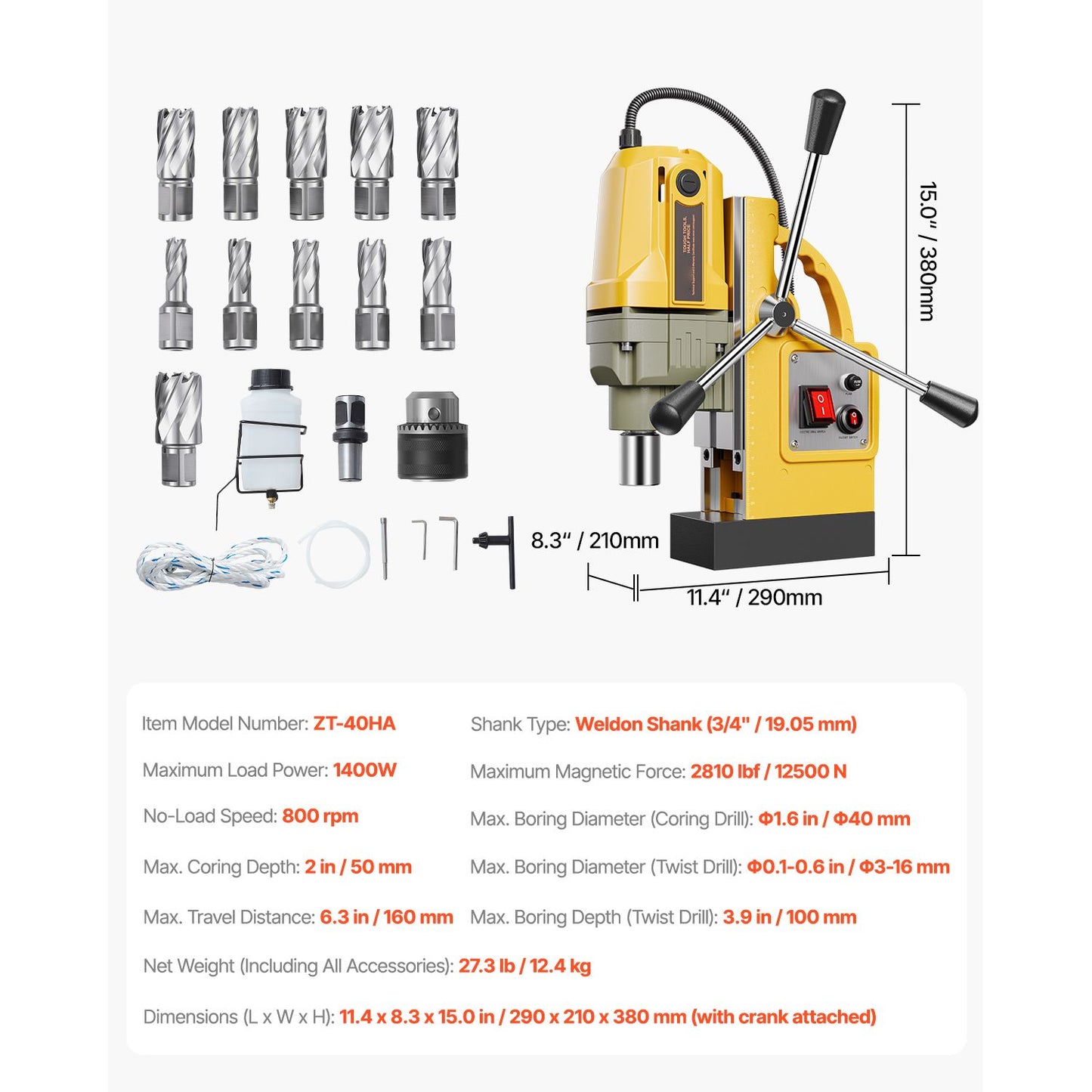 Magnetic Drill, 1400W Motor 1.6 in Boring Diameter, 2810 lbf Portable Electric Mag Drill Press, with 11 Coring Bits, 800 RPM Speed, Drilling Machine for Metal Surface, Home Improvement Industry