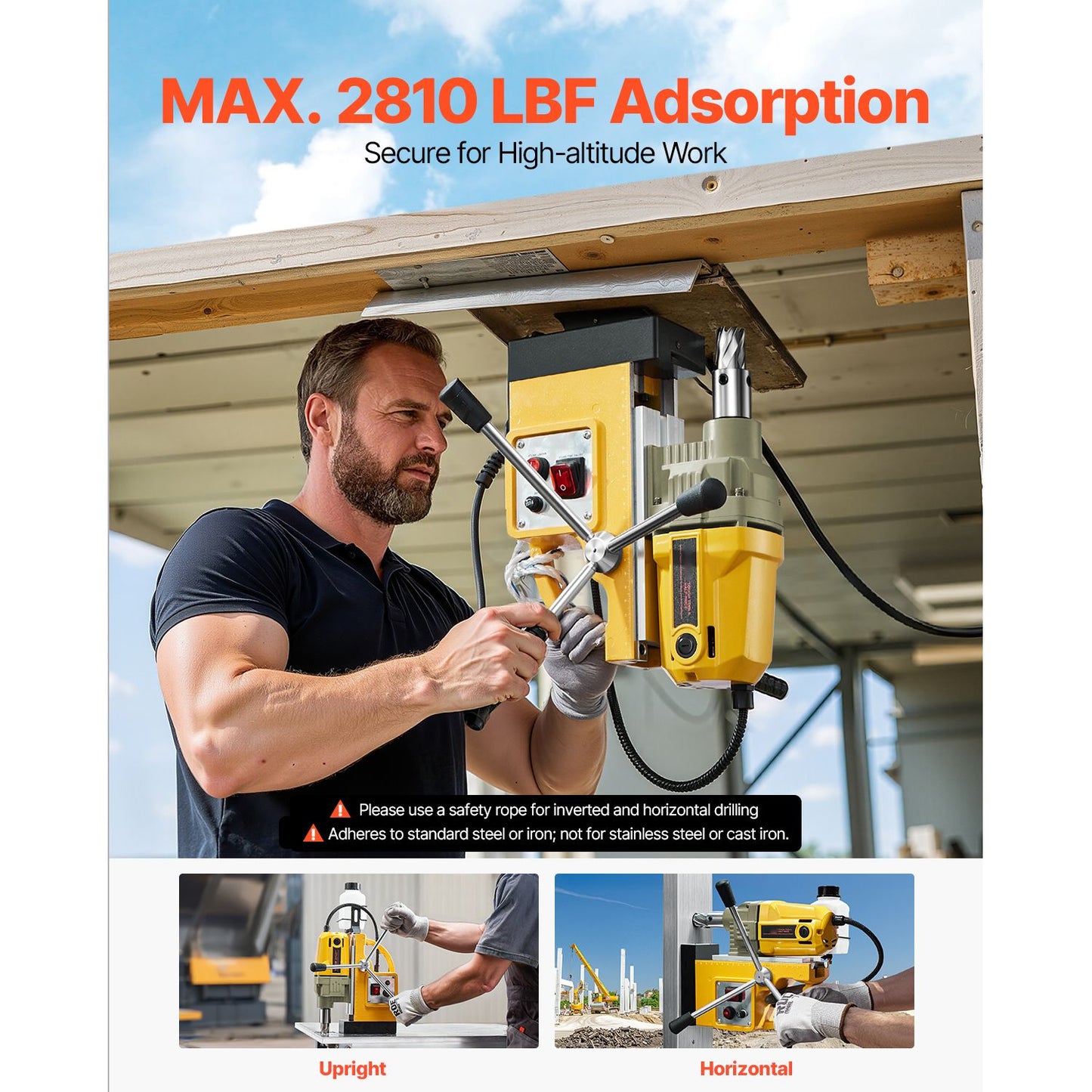Magnetic Drill, 1400W Motor 1.6 in Boring Diameter, 2810 lbf Portable Electric Mag Drill Press, 800 RPM No-Load Speed, Drilling Machine for Metal Surface, Industrial and Home Improvement