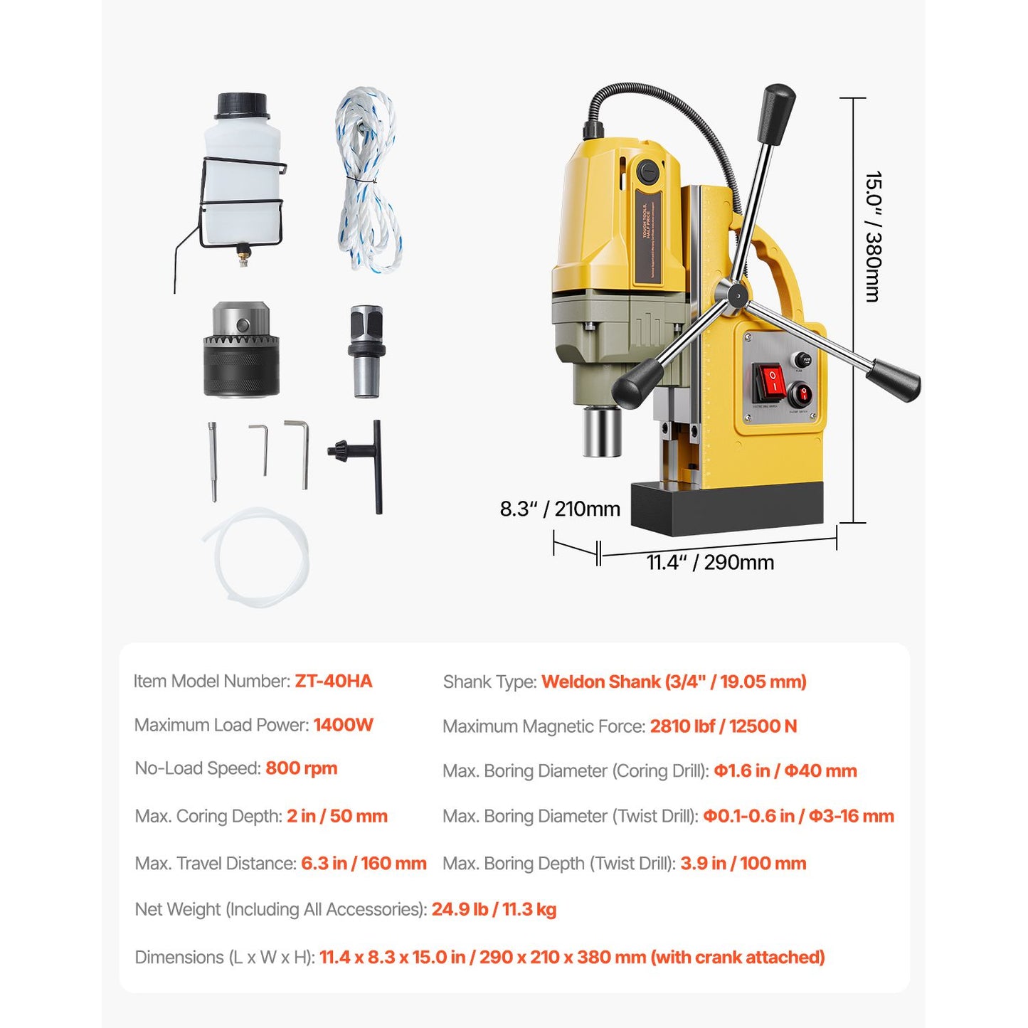 Magnetic Drill, 1400W Motor 1.6 in Boring Diameter, 2810 lbf Portable Electric Mag Drill Press, 800 RPM No-Load Speed, Drilling Machine for Metal Surface, Industrial and Home Improvement